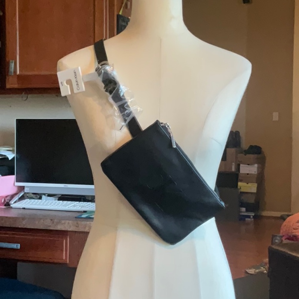 Calvin Klein Black Faux Leather Belt Bag/Cross Body Bag in Size Lg, NWT